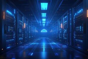 Cloud computing data center with glowing cloud symbol and server racks, futuristic technology photo