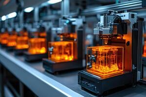 Automatic 3d printers creating orange resin prototypes in a row on a conveyor belt photo