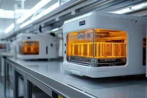 Machines processing components on production line in modern factory photo