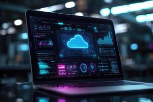 Cloud computing futuristic interface displaying data analysis on laptop screen in dark room photo