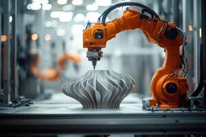 Robotic arm working on futuristic object in modern factory photo