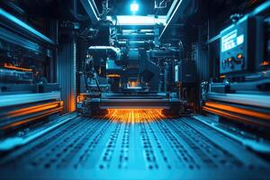 Robotic arm working on assembly line in modern factory photo