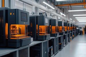 Many 3d printers working at the same time in a modern factory photo