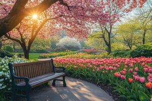 Sun shining through cherry blossom in beautiful public park with tulips and bench photo
