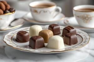 Assorted gourmet chocolates resting on elegant china plate, with coffee cups in background, inviting afternoon tea setting photo