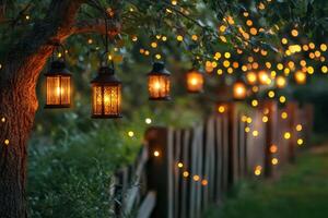 Lanterns and string lights creating a magical garden atmosphere photo