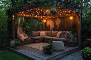 Tranquil backyard retreat illuminated by string lights, creating a cozy ambiance for relaxation and enjoyment photo