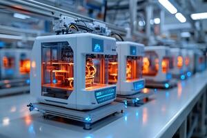 Automated assembly line with 3d printers creating products in a modern factory photo