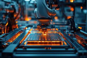 Robotic arm working on circuit board in modern factory photo