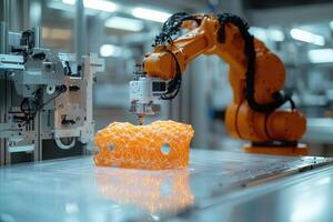 Robotic arm creating intricate 3d printed object in modern factory photo