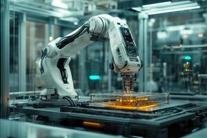 Robotic arm working on microchip production line in modern factory photo