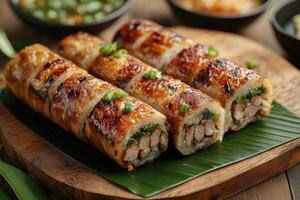 Grilled vietnamese meatball rolls with aromatic herbs and dipping sauce photo