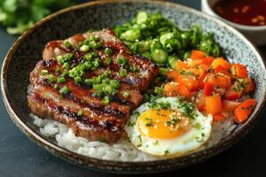 Delicious grilled steak bowl with vegetables and egg photo