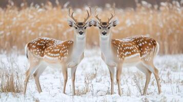 Two sika deer standing in snowy field with tall grass background photo