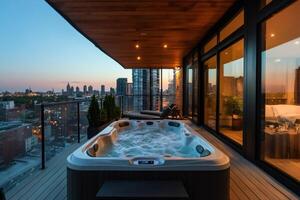 Modern rooftop jacuzzi overlooking city skyline at sunset photo