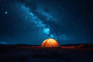 Illuminated tent camping under a breathtaking milky way galaxy photo