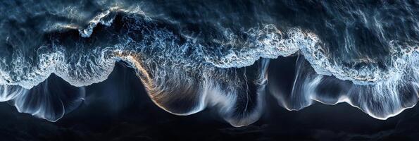 Ocean waves crashing on black sand beach, creating stunning patterns photo