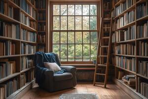 Cozy reading nook invites relaxation in a book filled library with wooden ladder and window view photo