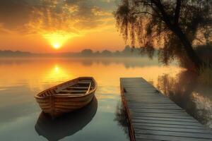Wooden boat floating on calm lake at sunrise with pier and tree photo