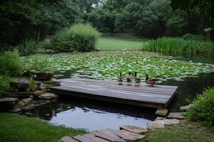 Ducks standing on wooden pier in a pond with water lilies and lotus flowers photo