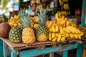 Pineapples, bananas, and coconuts resting on wooden table at tropical fruit stand photo