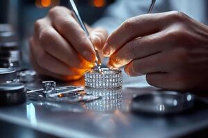Jeweler working on a diamond ring with tweezers and other tools photo