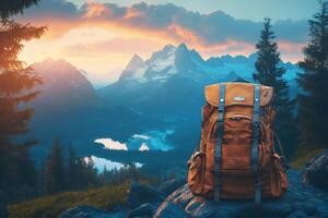 Backpack resting on rock overlooking stunning mountain vista at sunset photo