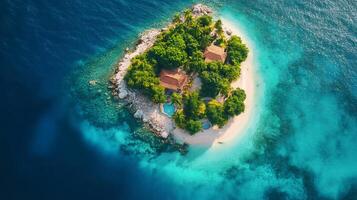 Tropical private island with turquoise water and resort showing luxury lifestyle photo