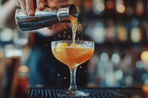 Bartender pouring cocktail into coupe glass with lemon and ice in bar photo