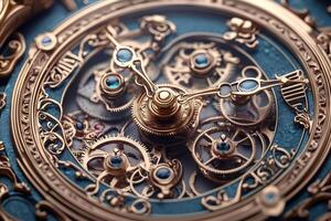 Intricate clockwork mechanism with gold gears and jewels displaying time photo