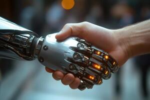 Businessman shaking hands with a robot showing artificial intelligence photo