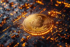 Bitcoin cryptocurrency coin resting on illuminated circuit board photo
