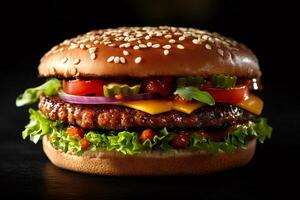 Delicious burger with lettuce, tomato, pickles, onion, cheese and sesame bun on black background photo