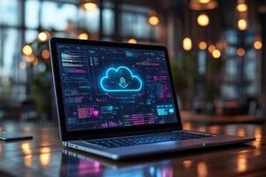 Cloud computing data storage downloading on laptop in blurred background photo