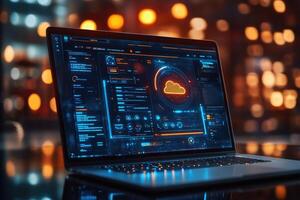 Laptop showing cloud computing statistics on futuristic software interface in blurred background photo