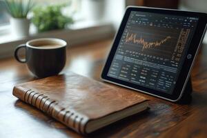 Trader analyzing graphs on tablet with coffee and notebook nearby photo