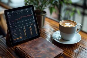Trader drinking cappuccino and analyzing cryptocurrency charts on tablet photo