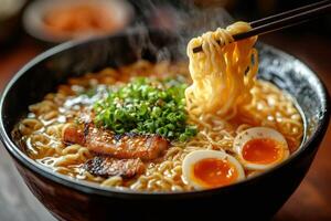 Chopsticks lifting noodles from steaming bowl of ramen with pork and egg photo