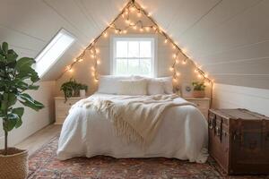 Cozy attic bedroom with fairy lights creating a relaxing atmosphere photo