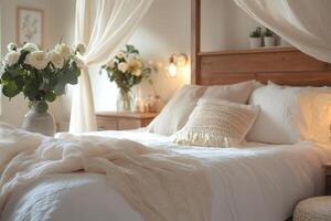 Cozy canopy bed with white roses creating a romantic atmosphere photo