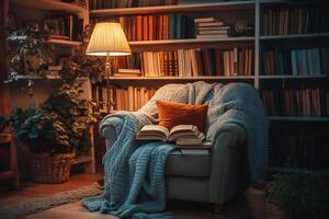 Cozy armchair with books and blanket inviting reading in home library photo