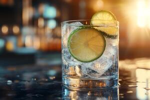 Refreshing gin and tonic cocktail with lime and ice cubes on bar counter at sunset photo