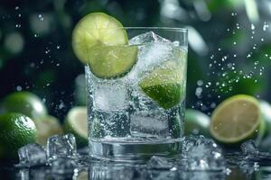 Refreshing sparkling water with lime and ice cubes splashing photo