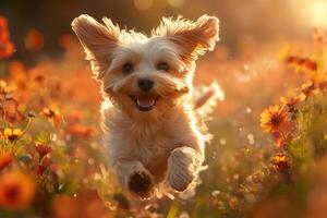 Happy dog running through a field of flowers at sunset photo