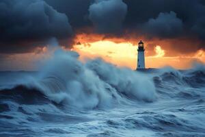 Lighthouse standing strong amidst powerful ocean waves and stormy sky photo