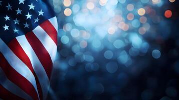 American flag displayed against soft focus bokeh lights creating a patriotic ambiance photo