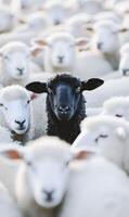 A Distinctive black sheep gazing outward in a flock of white sheep symbolizing individuality photo