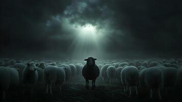 Lone black sheep under a heavenly glow, stands out from the herd in the dark mystical field photo