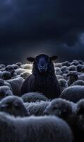 Contrast in the flock one dark sheep standing out amidst white sheep under moody skies photo