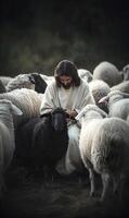 Tranquil scene depicting compassion shepherd amidst a flock, tending to a unique black sheep photo